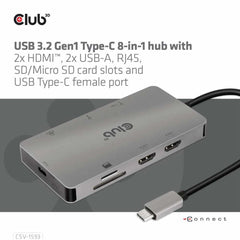 Club3D USB-C 3.2 Gen 1 8-in-1 Hub with 2X HDMI/2X USB/RJ45/SD/Micro SD Card Slots and USB-C Female Port Adapter Gray