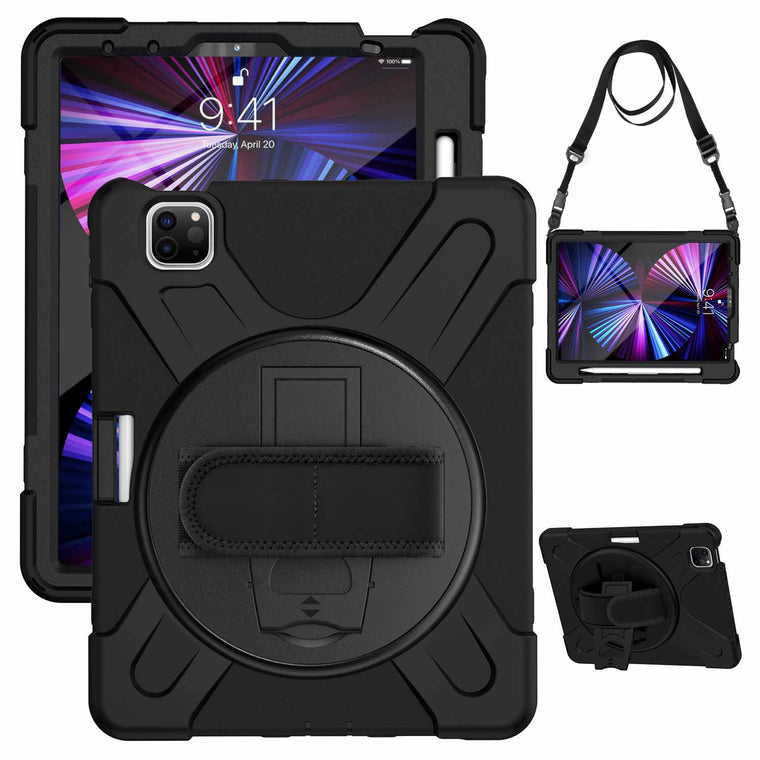 Bulk Packaging Heavy Duty Case w/Kickstand/Built-in Screen Protector/Hand & Shoulder Strap Black for iPad Pro 11 2022 (4th Gen)/2021/2020.2018/iPad Air 4th Gen