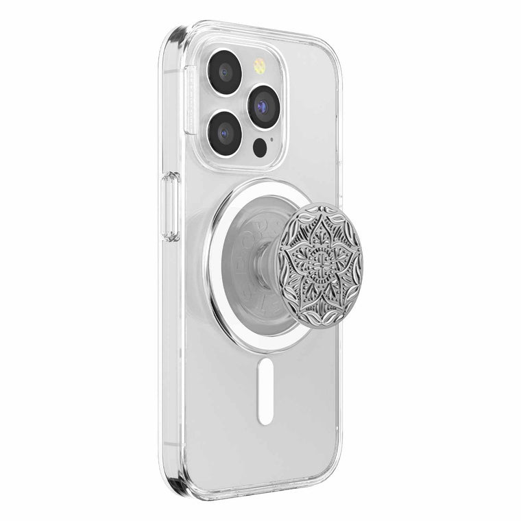 PopSockets PopGrip for MagSafe Round with Adapter Ring Enamel Silver Mandala