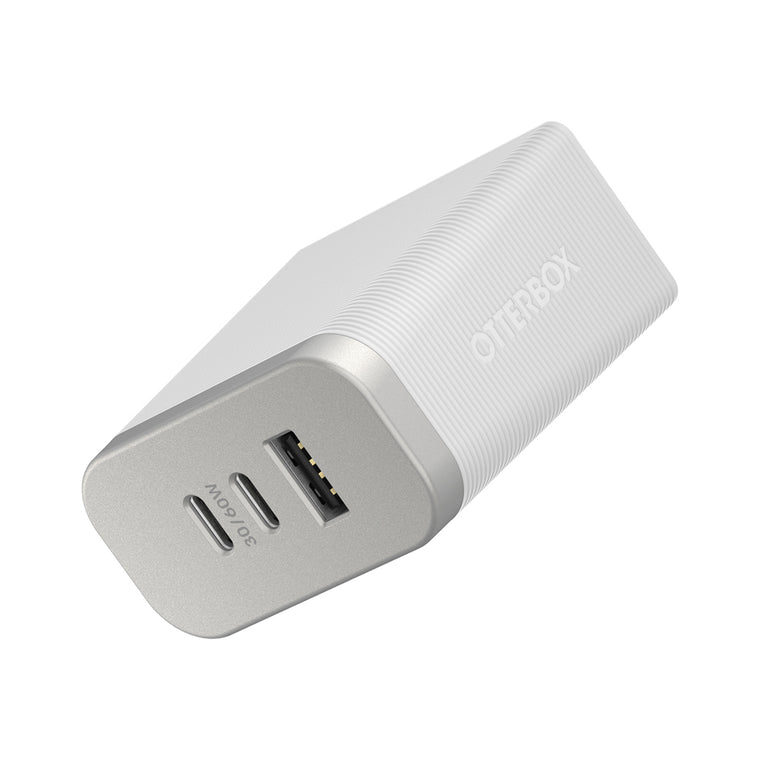 OtterBox Premium Pro Dual USB-C Wall Charger with extra USB-A 72W (USB-C 30WX2 + USB-A 12W) Lunar Light (White)