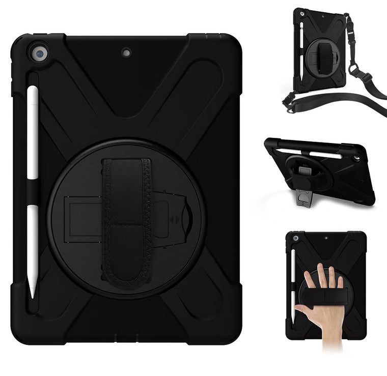 Bulk Packaging Heavy Duty Case with Kickstand built-in Screen protector Hand and Shoulder Strap Black for iPad 10.2 2021/10.2 2020/10.2 2019